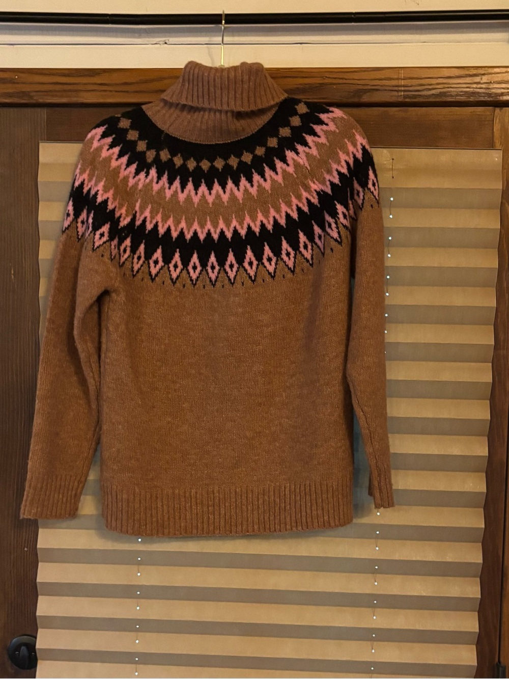 Turtleneck Sweater with Pink & Black Fair Isle Yoke - Brown